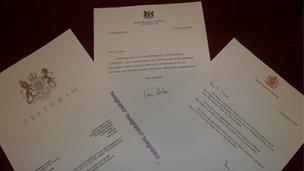 Letters from Buckingham Palace and Downing Street