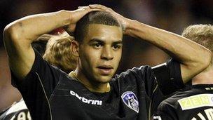 Tom Adeyemi, 20, playing for Oldham Athletic against Liverpool in the FA Cup 3rd round at Anfield