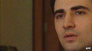 Grab from Iranian state TV allegedly of Amir Mirzai Hekmati confessing to being a CIA spy, aired on 18 December 2011