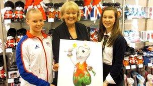 Cheryl Gillan with Olympic hopeful, gymnast Lizzie Beddoe and design competition winner Emma Davies