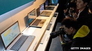 Laptops on display at the Intel event at CES 2012