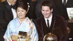 Japanese captain Homare Sawa (seen with Lionel Messi) at the FIFA Ballon d'Or in Zurich on 9 January, 2012