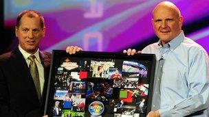 Gary Shapiro from the Consumer Electronics Association and Microsoft CEO Steve Ballmer at CES 2012