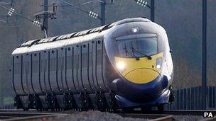 Hitachi Class 395 Javelin train as it passes through Ashford, Kent, using the HS1 Channel Tunnel Rail Link