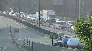 A queue as drivers wait to leave the A4 before the Hammersmith Flyover in west London