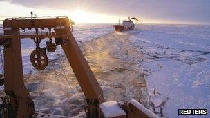 The S/V Healy breaks through ice in the Bering Sea on 6 January 2012
