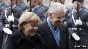 German Chancellor Angela Merkel welcomes Italian PM Mario Monti to Berlin (11 Jan 2012)