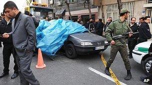 Wreck of blown up car in Tehran. 11 Jan 2012