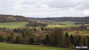 A view of countryside seen from Bacombe Lane in the Chilterns.