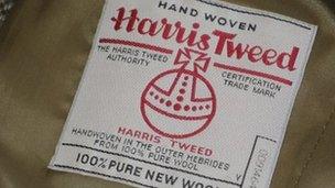 Harris Tweed orb symbol inside tweed jacket