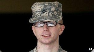 Pte Bradley Manning appearing for his pretrial hearing at Fort Meade, Maryland, 22 December 2011