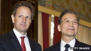 US Treasury Secretary Timothy Geithner (left) with Chinese Premier Wen Jiabao