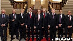 Allan Bell, Alex Salmond, Peter Robinson, Nick Clegg, Enda Kenny, Carwyn Jones, Martin McGuinness, Ian Gorst and Geoff Mahy at the British Irish Council meeting