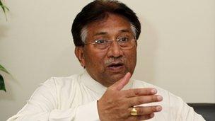 Former Pakistani president Pervez Musharraf speaks during an interview with Reuters in Dubai 8 January 2012