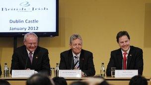 Martin McGuinness, Peter Robinson and Nick Clegg