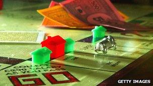 Monopoly game board and money