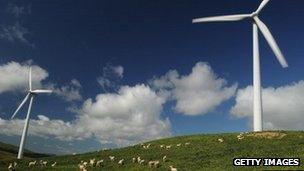 Wind turbines on a hillside