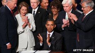 President Obama clapping, surrounded by supporters of the Dodd-Frank act