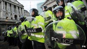 Metropolitan police officers on duty in the City of London during clashes between police and protesters at the time of the G20 summit