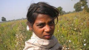 Kali, child cotton-picker believed to be 10 years old in Gujarat, India