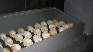 Skulls in a display cabinet in Kigali's Genocide Memorial Centre, Rwanda