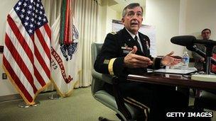 US Army Gen Peter Chiarelli conducts a press briefing at the Pentagon 19 January 2012