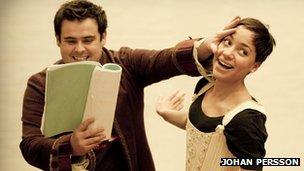 David Fynn and Cush Jumbo in She Stoops To Conquer rehearsals