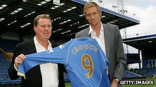 Harry Redknapp and Peter Crouch on the Fratton Park pitch