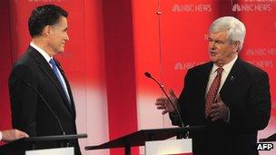 Mitt Romney and Newt Gingrich take part in a Republican debate in Tampa, Florida 23 January 2012