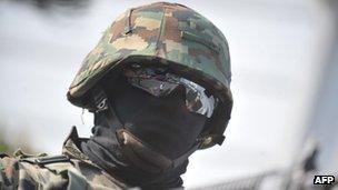 Mexican marines stand guard in streets of Veracruz State, Mexico on 24 January 2012