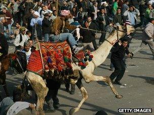 A supporter of Hosni Mubarak rides a camel through Tahrir Square (2 February 2011)