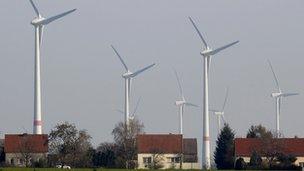 Wind turbines near houses