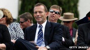 File picture of Australian Opposition Leader Tony Abbot at the Royal Military College Duntroon where Queen Elizabeth II presented the new colours on 22 October, 2011 in Canberra, Australia