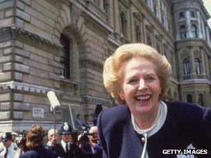 Margaret Thatcher smiling in Downing St at the start of her third term as PM, 1987