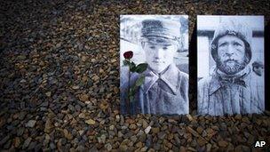 Photos of Soviet prisoners at the Sachsenhausen Nazi death site in Oranienburg, Germany, 27 January