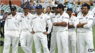 Indian team members attend the presentations after Australia won the fourth cricket Test match against India making a clean sweep of the Border-Gavaskar Trophy Series at the Adelaide Oval on January 28, 2012.