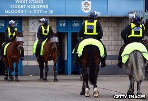 Police on horses outside the stadium before the FA Cup Fourth Round match between Millwall and Southampton