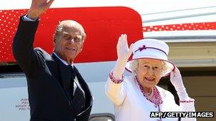 The Queen and Prince Philip wave farewell to Australia at Perth International Airport on 29 October 2011