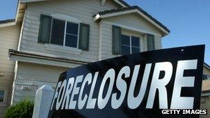 A foreclosure (repossession) sign in front of a house