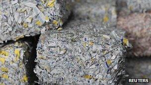 Bricks of shredded Euro notes which have been decommissioned