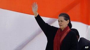 Sonia Gandhi addresses a rally in Gonda, 1 Feb