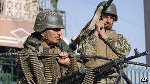 Afghan soldiers on patrol in Jalalabad, Afghanistan 26 January 2012