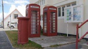 Red phone boxes on the Falkland Islands