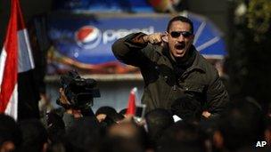 Egyptian Ultras chant anti-ruling military council slogans during a rally in Cairo (Feb. 2, 2012)