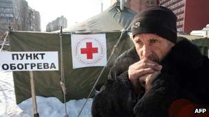 Homeless man stands outside shelter in Donetsk, Ukraine on 2 February 2012