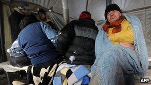 Homeless men in a shelter in Kiev, Ukraine (3 Feb 2012)