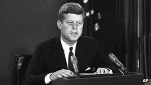 President John F. Kennedy makes a national television speech 22 October 1962 during the Cuban Missile Crisis