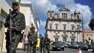 Brazilian soldiers patrol the historic centre of Salvador