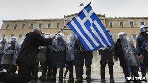 A protester in front of the Greek parliament (7 Feb 2012)