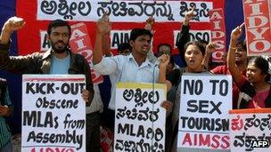 Activists of the All India Democratic Students Organisation stage a protest in Bangalore, 8 Feb